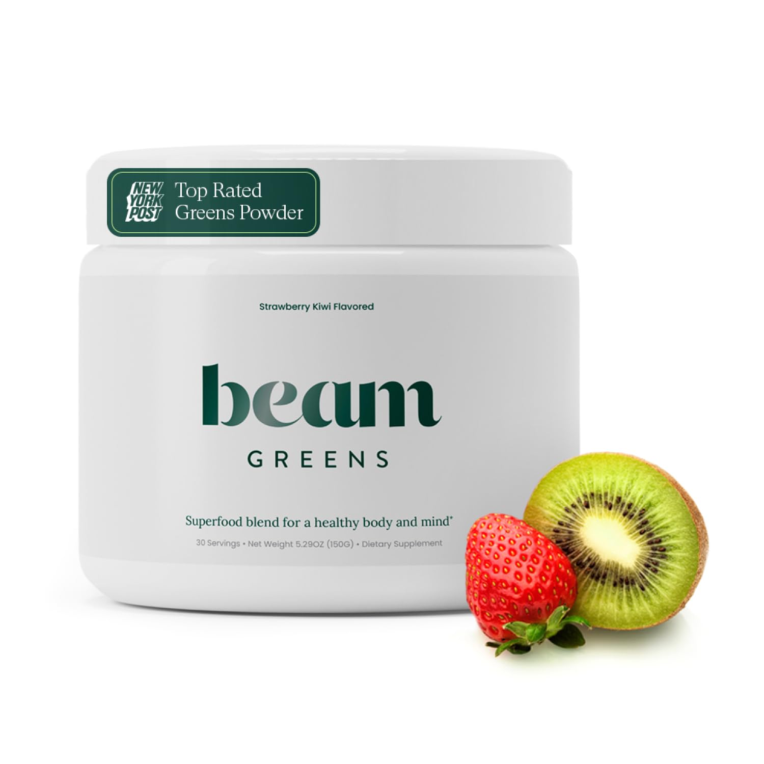 Beam Greens Powder, Superfood Supplement for Gut Health, Vegan Organic Blend with Ashwagandha, Vitamin C, B12, B6, D, Non-GMO Daily Detox & Immune Support, Strawberry Kiwi Flavor - 30 Servings