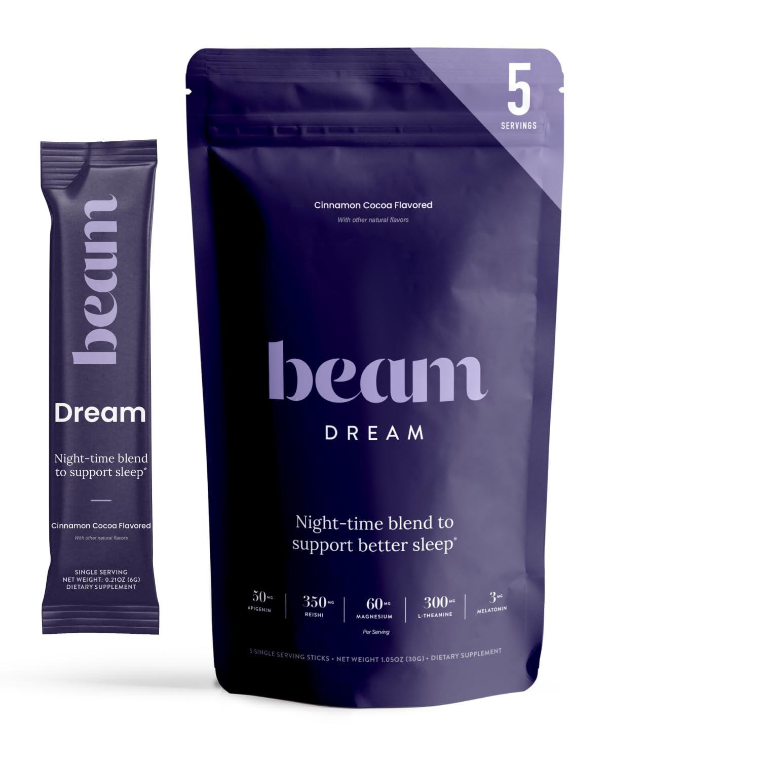 Beam Dream Sleep Powder, Sleep Aid, Sleep Aids for Adults, Contains Magnesium, Melatonin, L Theanine, Apigenin, Natural Sleep Supplement, Vegan, Non GMO, 3rd Party Tested, 5 Servings, Cinnamon Cocoa